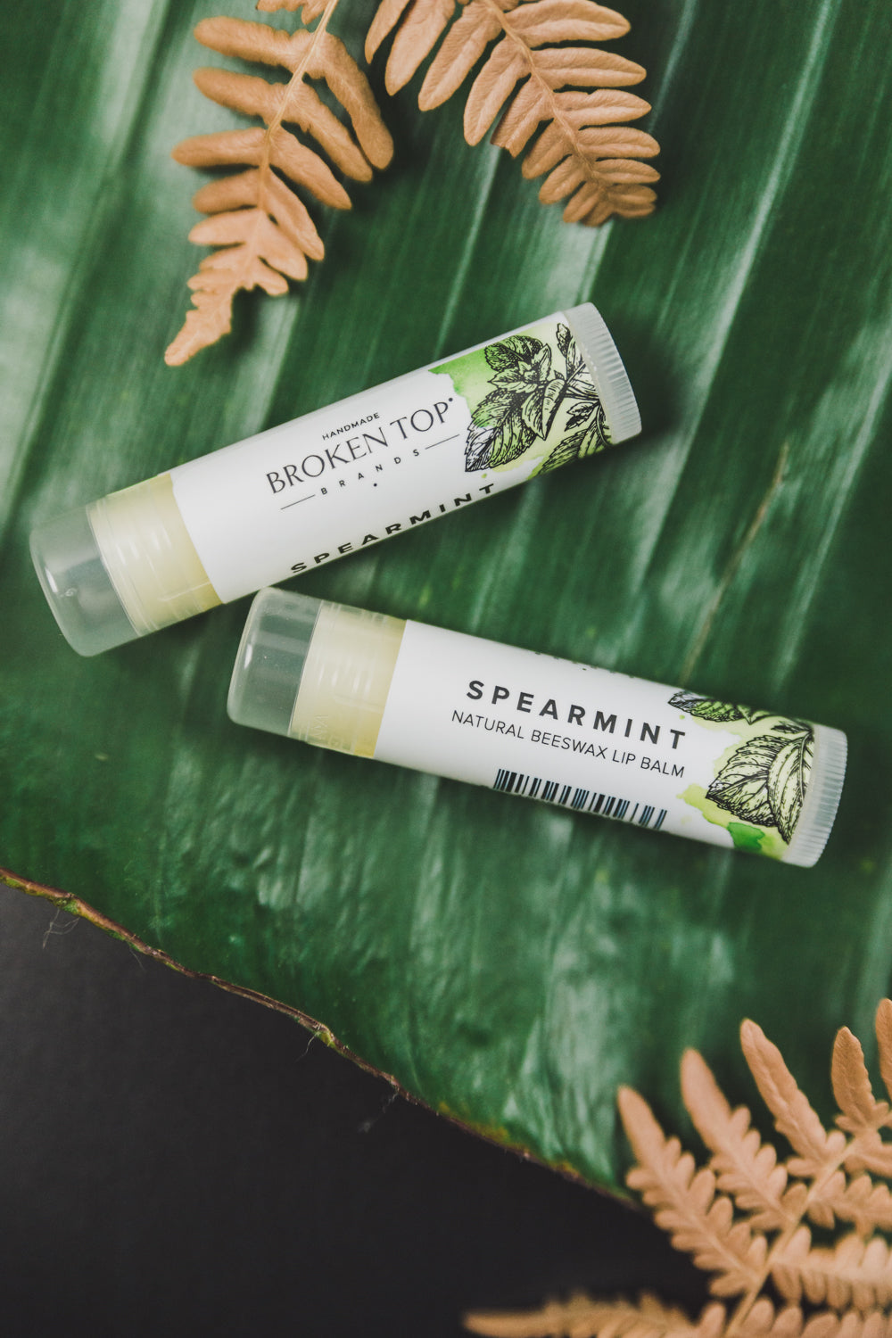Two Spearmint Lip Balms on leafy green background. 