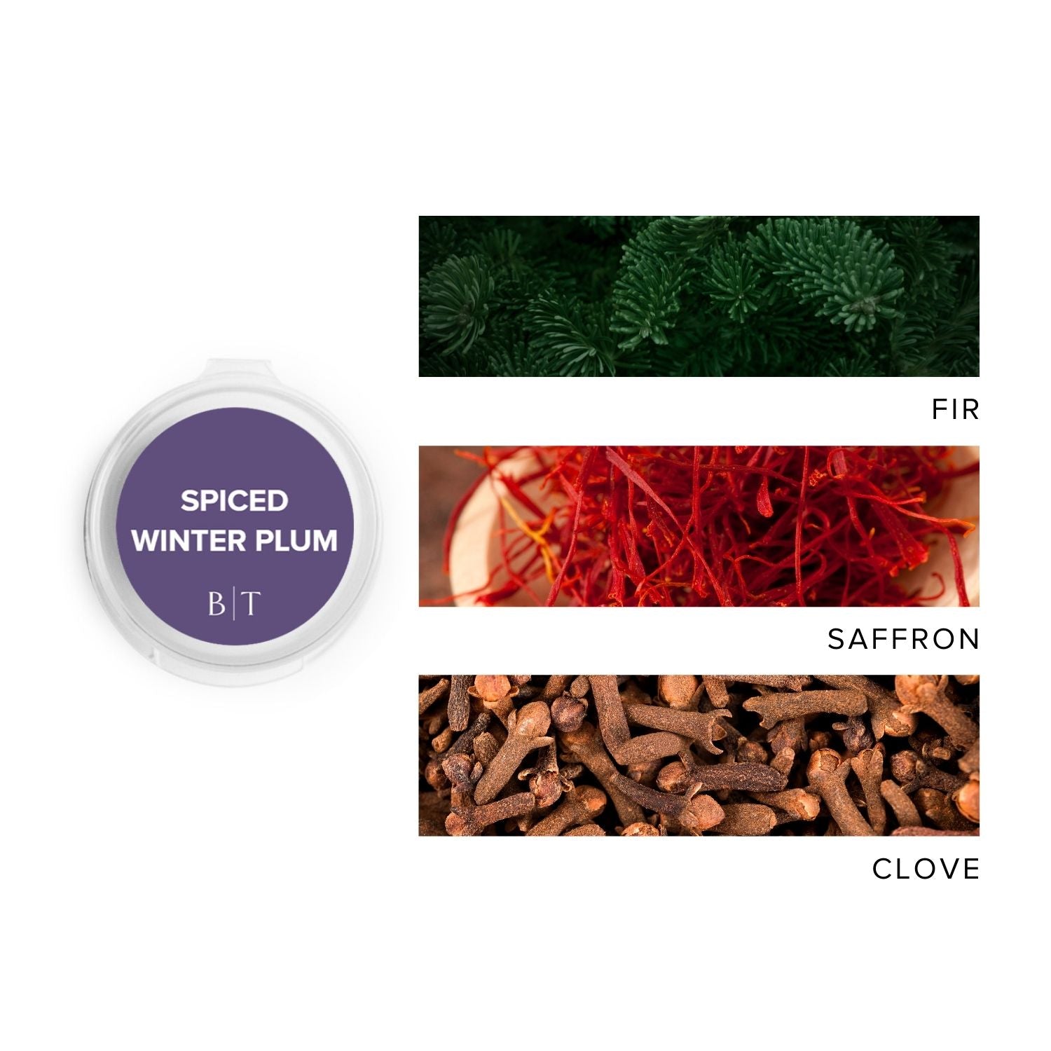 Spiced Winter Plum Scent Sample next to scent notes of fir, saffron, and clove. 