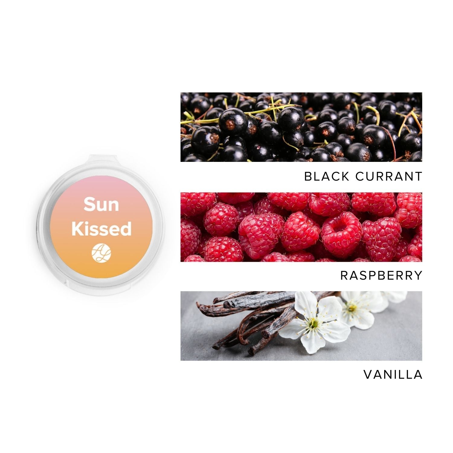 Sun Kissed Scent Sample next to images of black currant, raspberry & vanilla. 