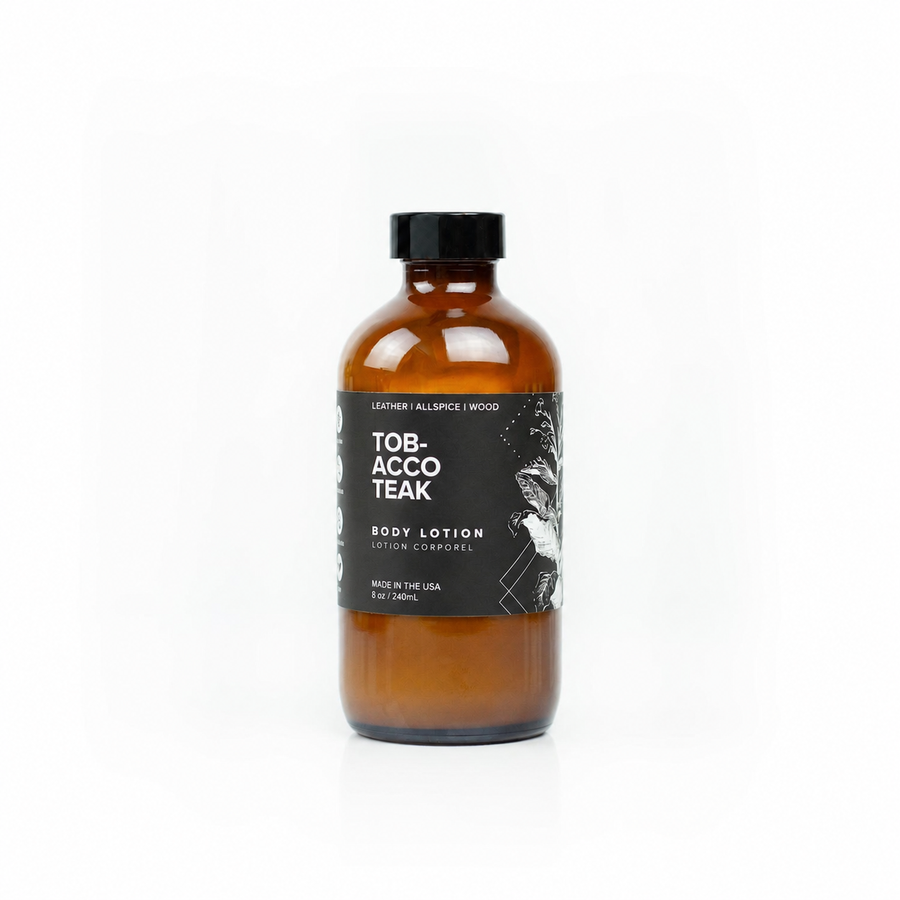 8oz Tobacco Teak Body Lotion on white background. 