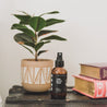 4oz Tobacco Teak Man Spray on a table next to two books and a small plant. 