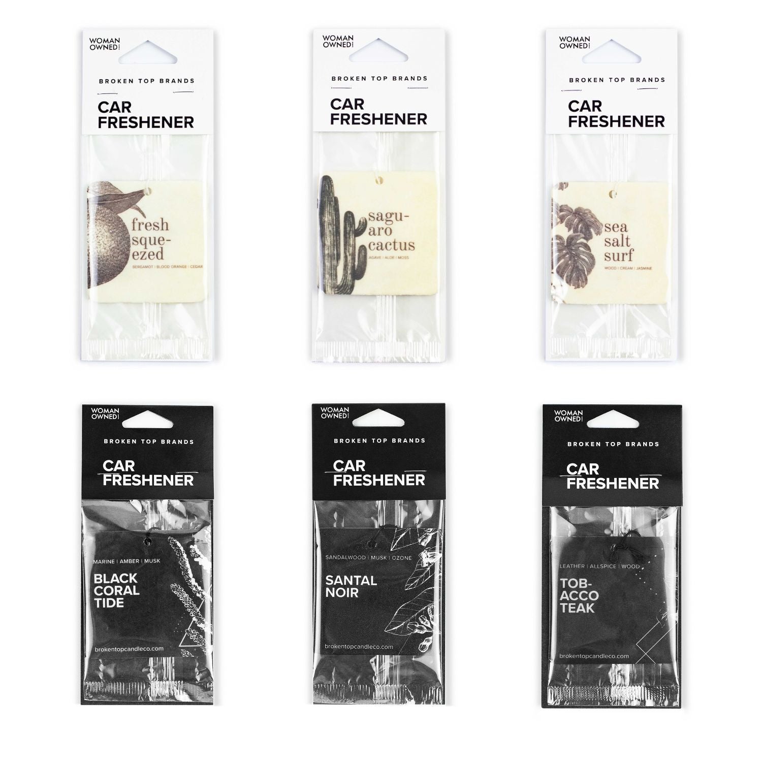Fresh Squeezed, Saguaro Cactus, Sea Salt Surf, Black Coral Tide, Santal Noir, and Tobacco Teak Car Fresheners on white background. 