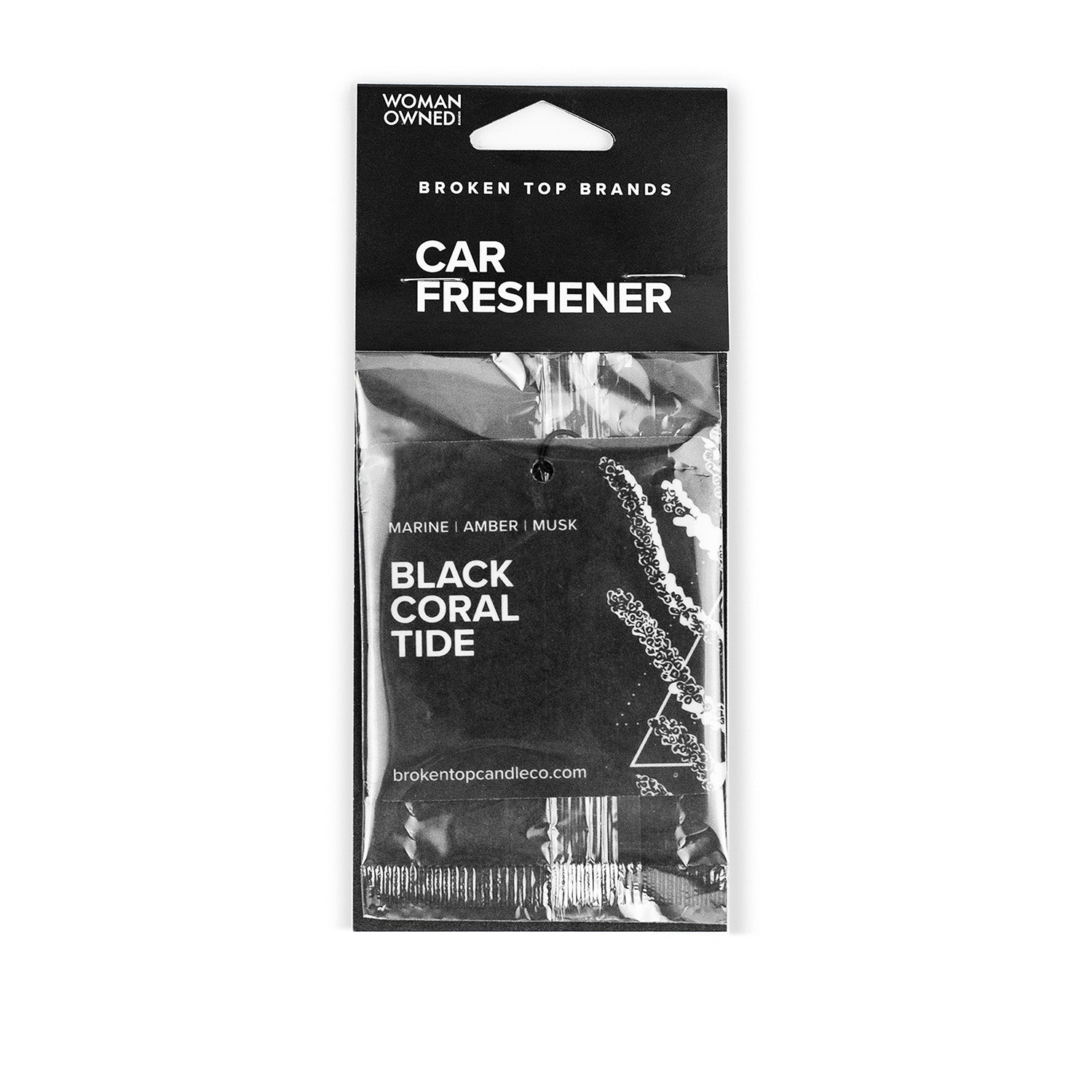 Black Coral Tide Car Freshener on white background. 