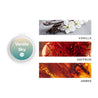 Vanilla Sky Scent Sample next to images of vanilla, saffron & amber. 