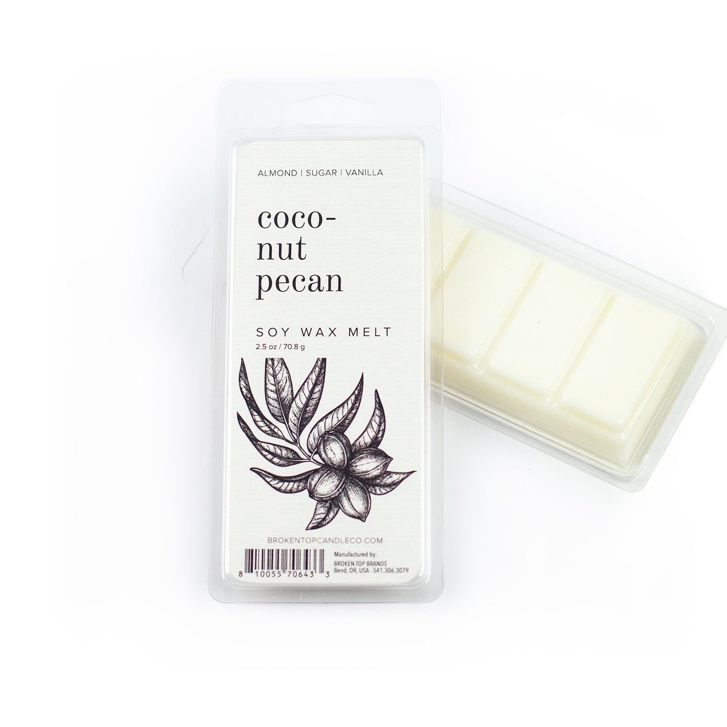 Coconut Pecan Wax Melts on white background. 