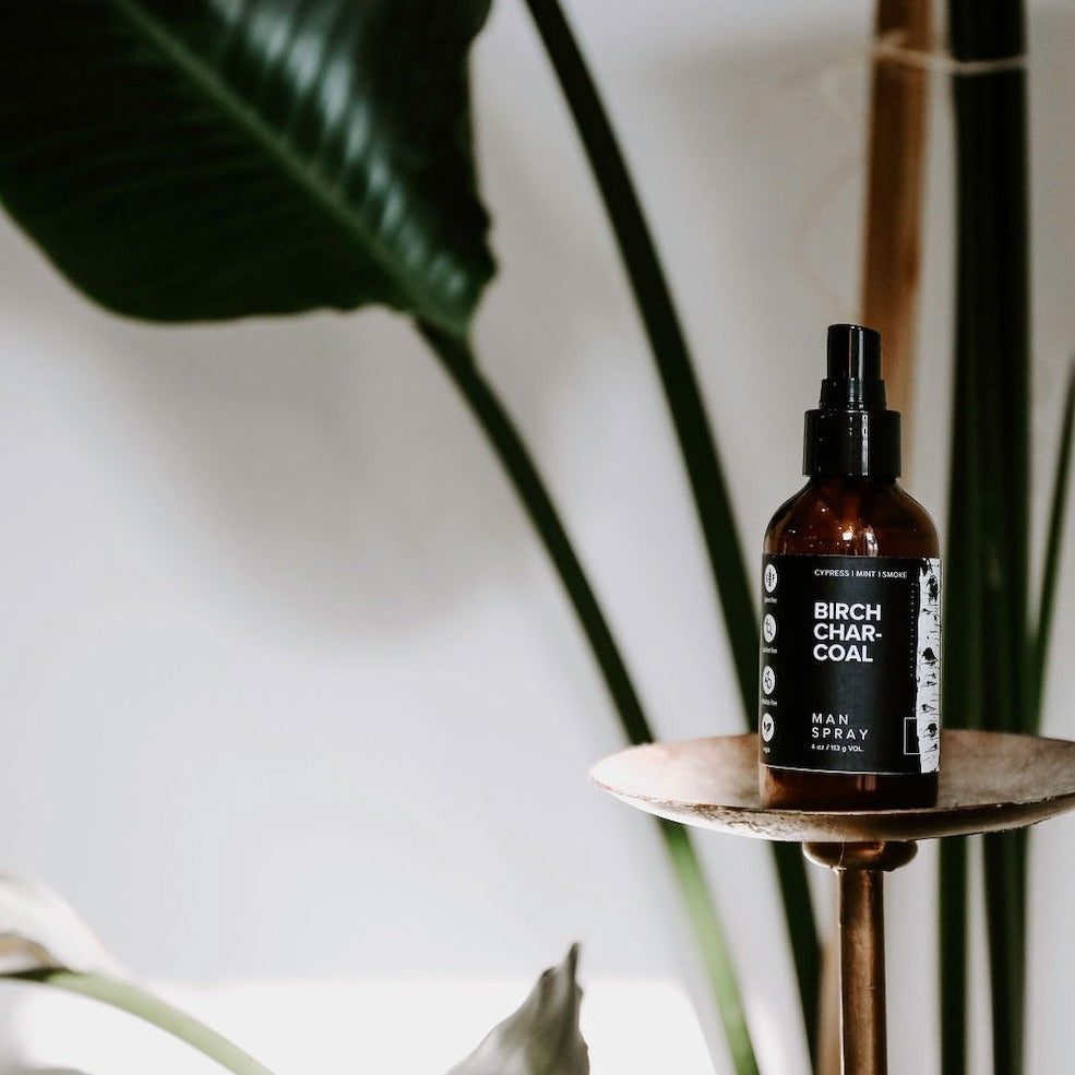 4oz Birch Charcoal Man Spray on small metal stand in front of a house plant. 