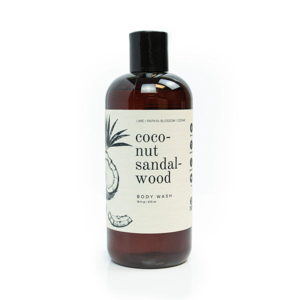 16oz Coconut Sandalwood Body Wash on white background. 