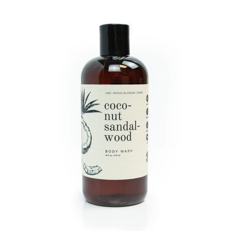 16oz Coconut Sandalwood Body Wash on white background. 