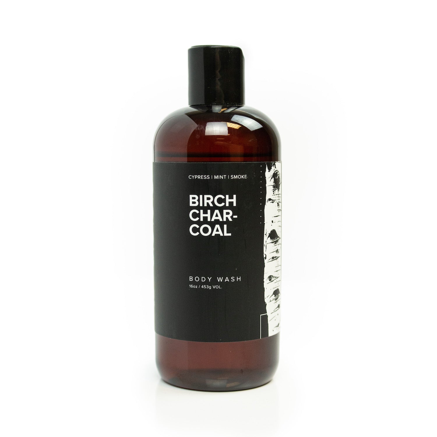 16oz Birch Charcoal Body Wash on white background. 