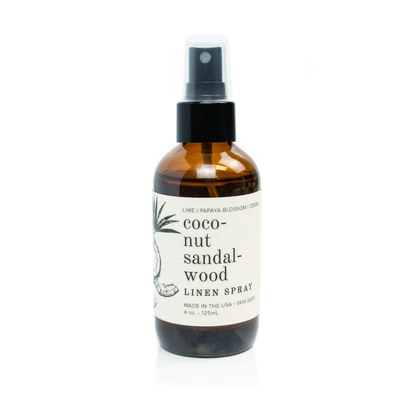 4oz Coconut Sandalwood Linen Spray on white background.