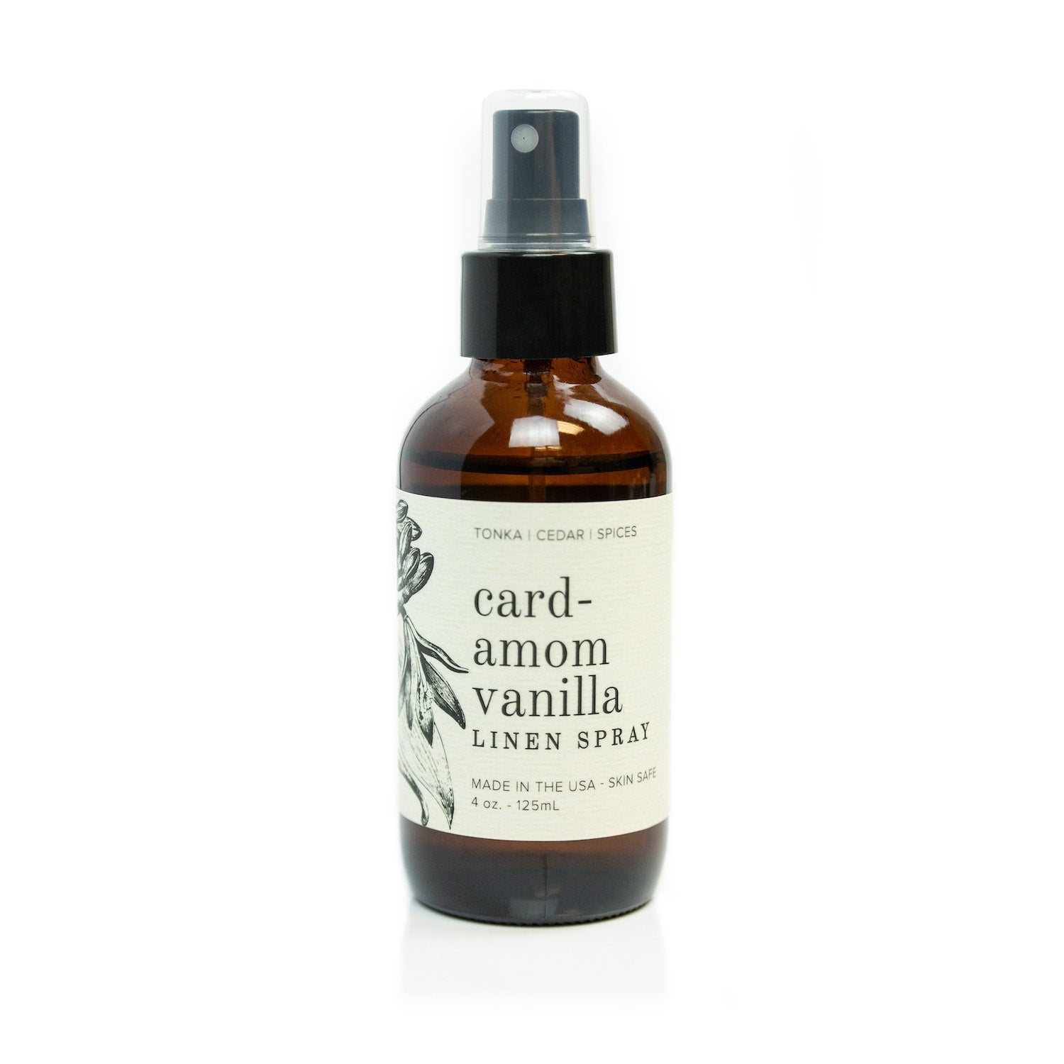 4oz Cardamom Vanilla Linen Spray on white background.