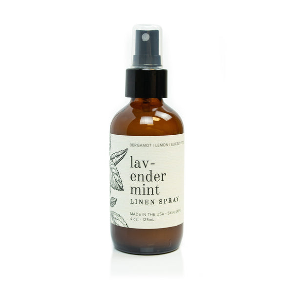 4oz Lavender Mint Linen Spray on white background. 