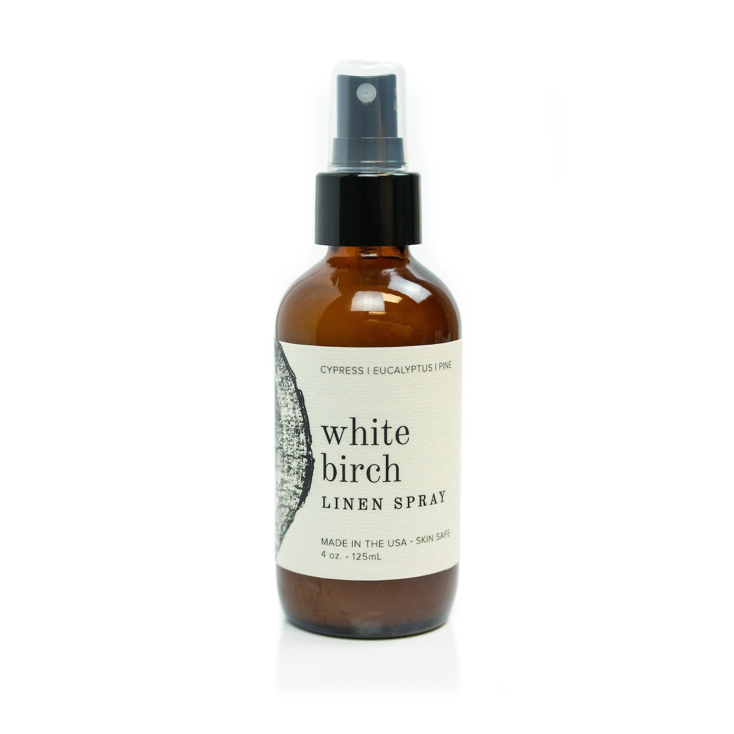 4oz White Birch Linen Spray on white background.