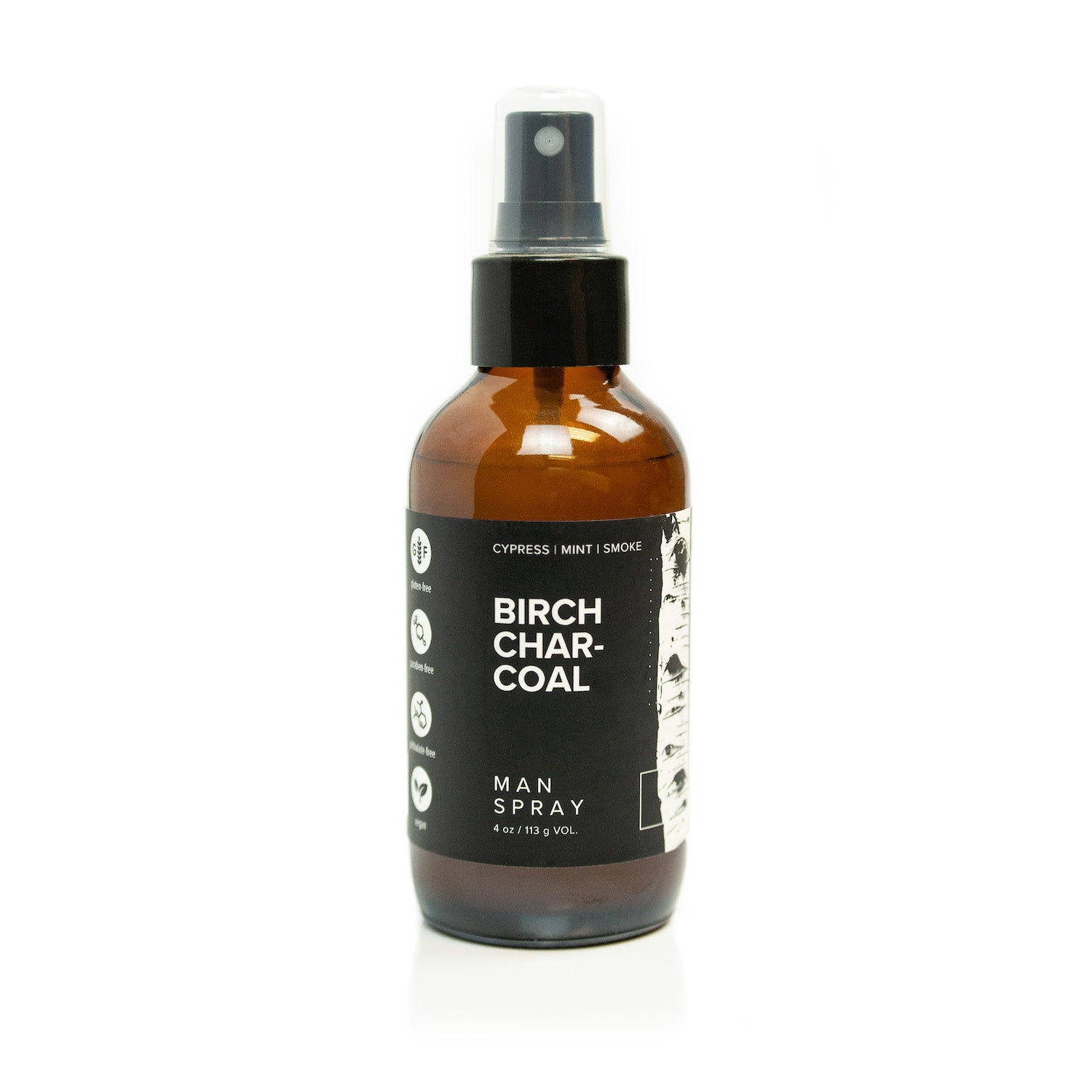 4oz Birch Charcoal Man Spray on white background.