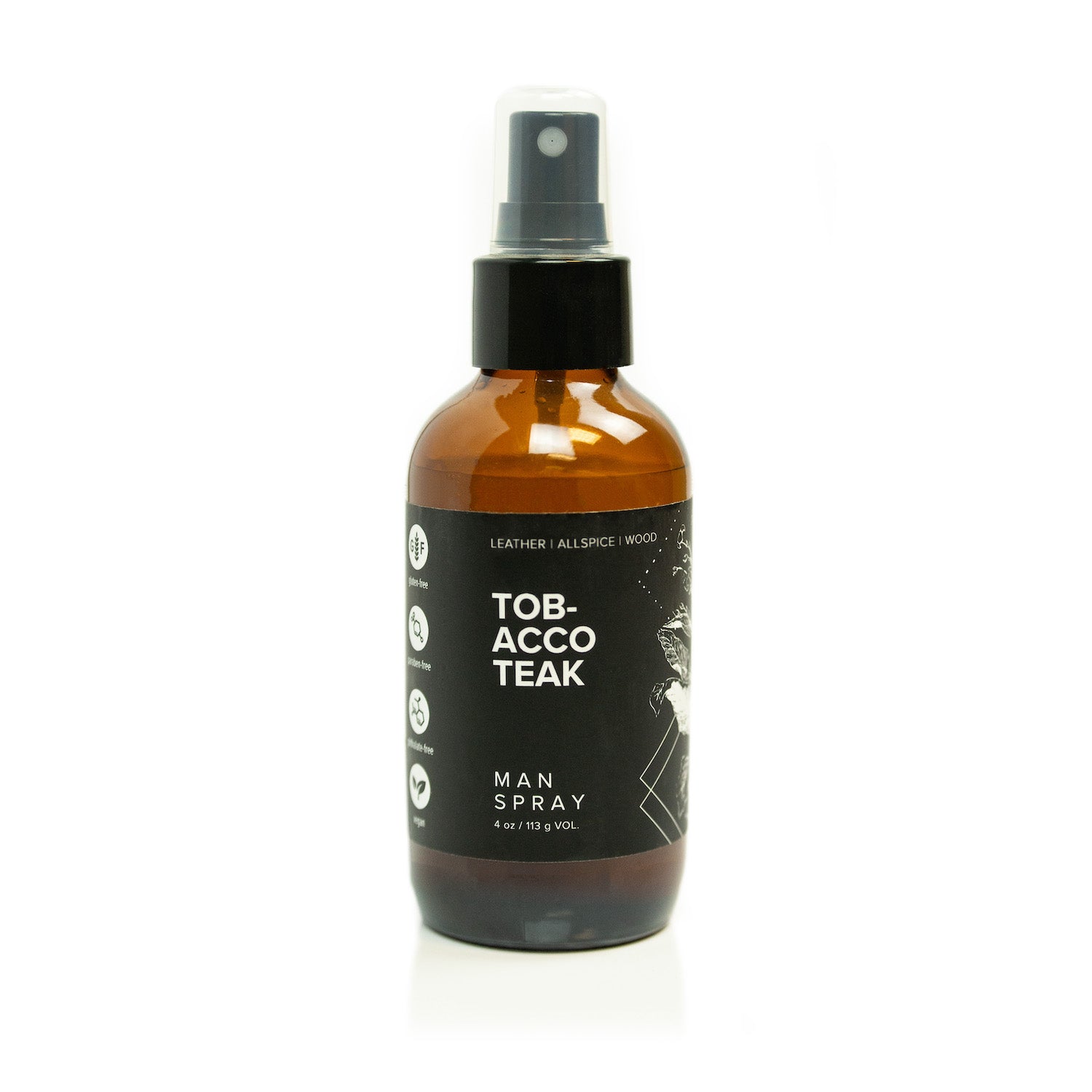 4oz Tobacco Teak Man Spray on white background.