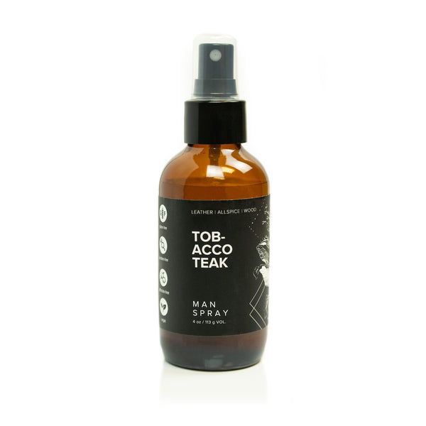 4oz Tobacco Teak Man Spray on white background.
