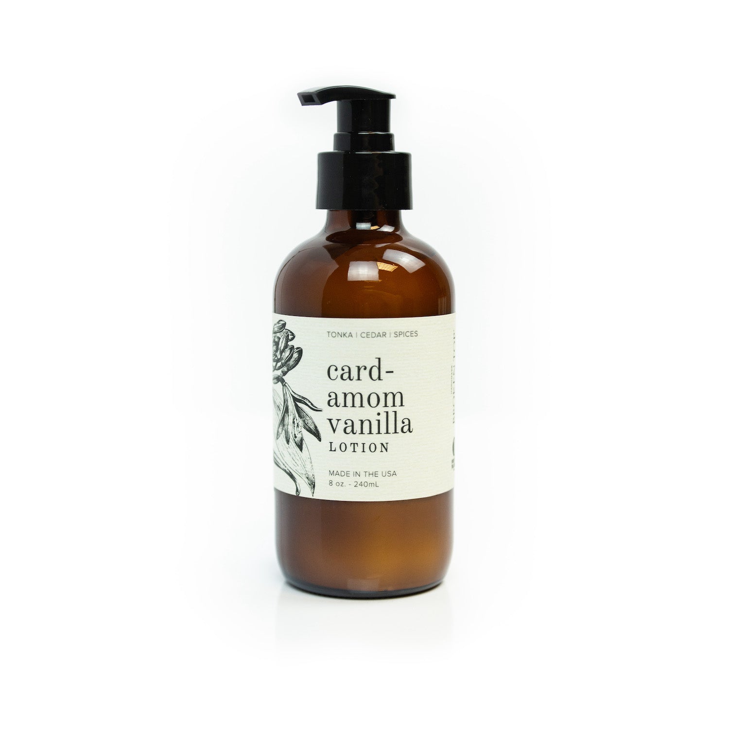 8oz Cardamom Vanilla Body Lotion on white background. 