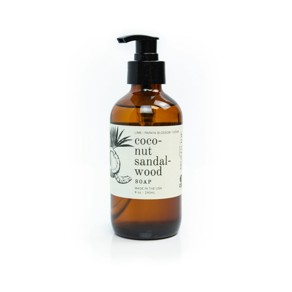 8oz Coconut Sandalwood Liquid Soap on white background.