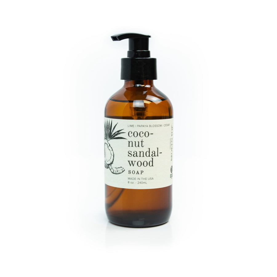 8oz Coconut Sandalwood Liquid Soap on white background.