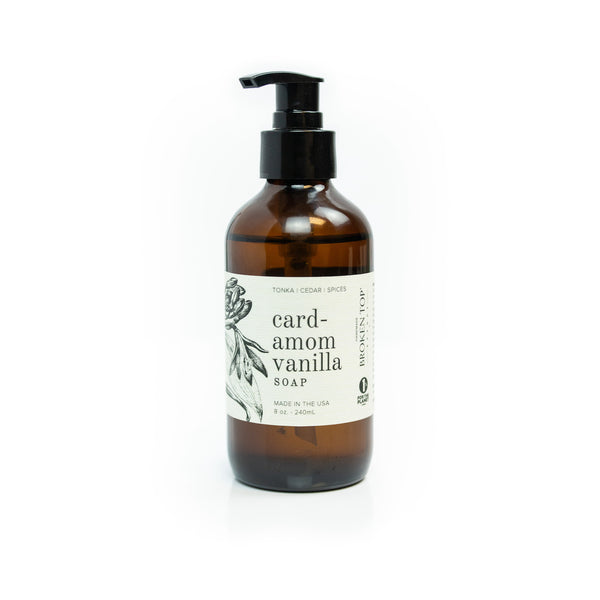 8oz Cardamom Vanilla Liquid Soap on white background.