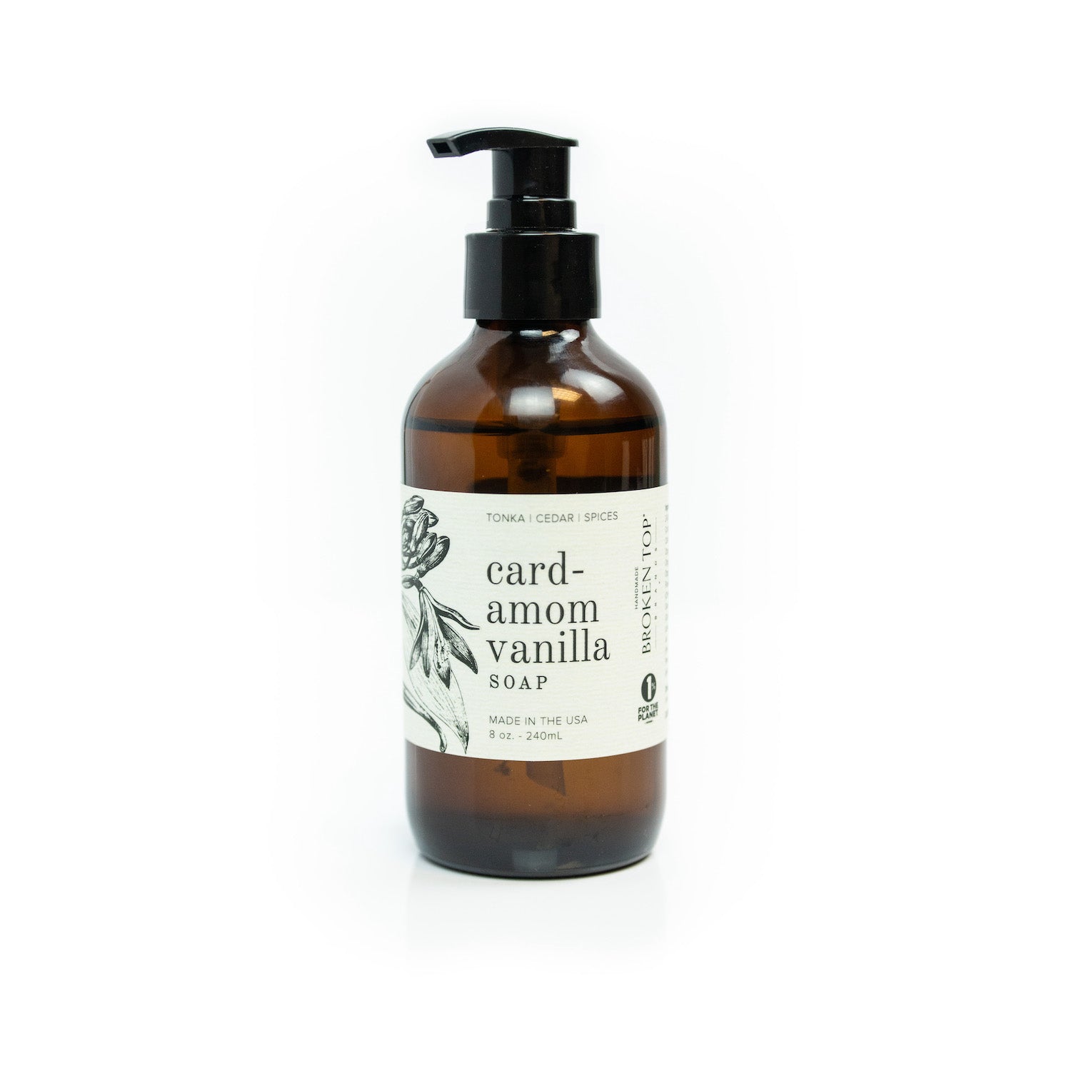 8oz Cardamom Vanilla Liquid Soap on white background.