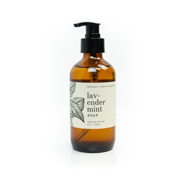 8oz Lavender Mint Liquid Soap on white background.