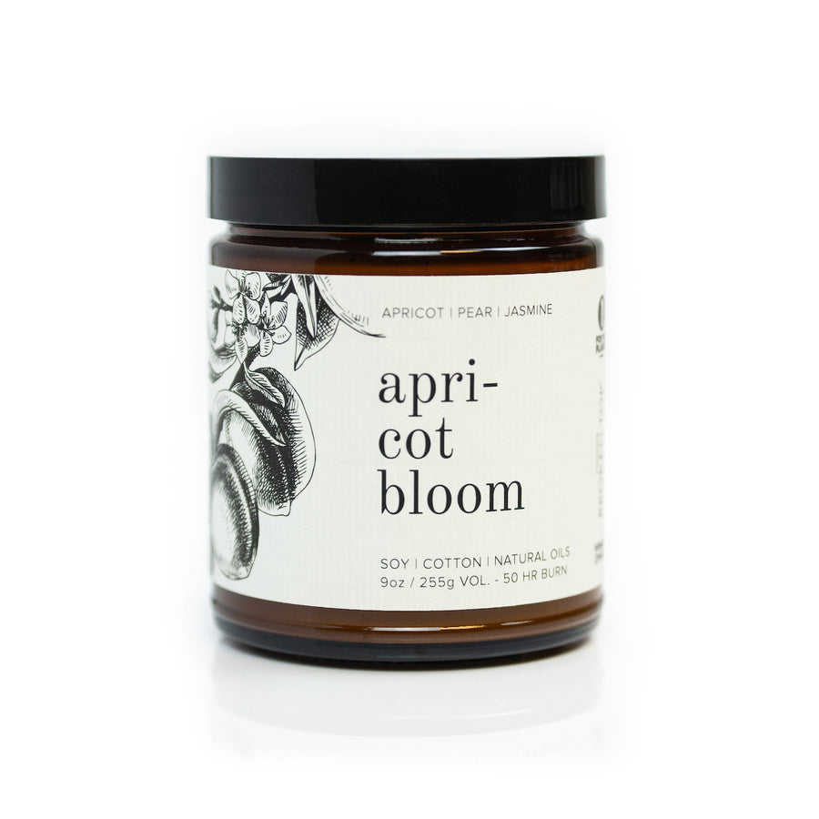 9oz Apricot Bloom Soy Candle on white background.
