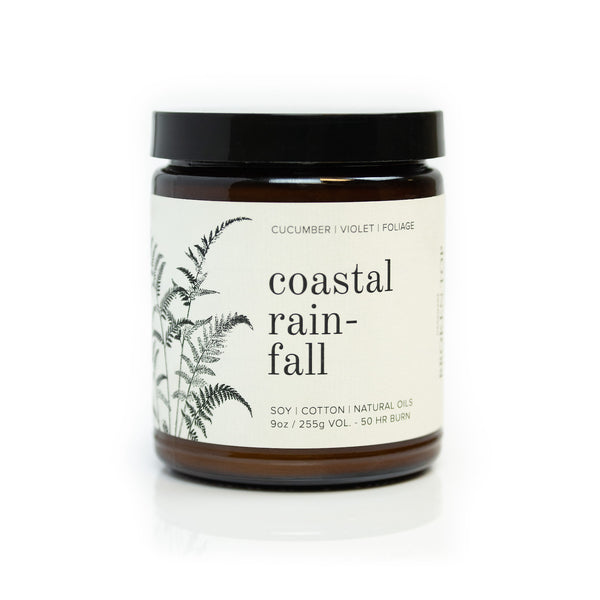 9oz Coastal Rainfall Soy Candle on white background. 