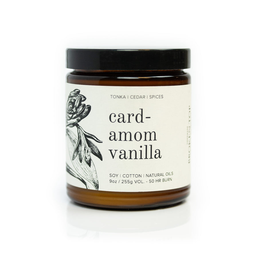 9oz Cardamom Vanilla Soy Candle on white background. 