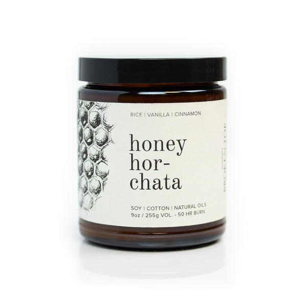 9oz Honey Horchata Soy Candle on white background. 