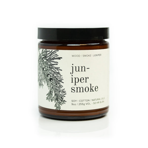 9oz Juniper Smoke Soy Candle on white background. 