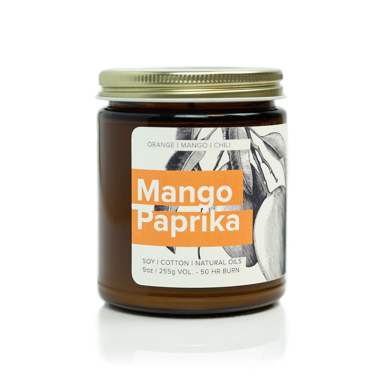 9oz Mango Paprika Soy Candle on white background. 