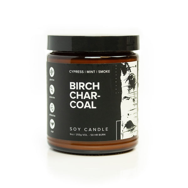 9oz Birch Charcoal Soy Candle on white background. 