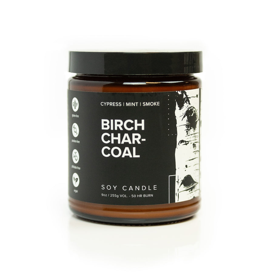 9oz Birch Charcoal Soy Candle on white background. 