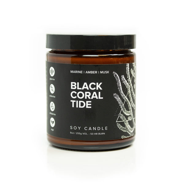 9oz Black Coral Tide Soy Candle on white background. 