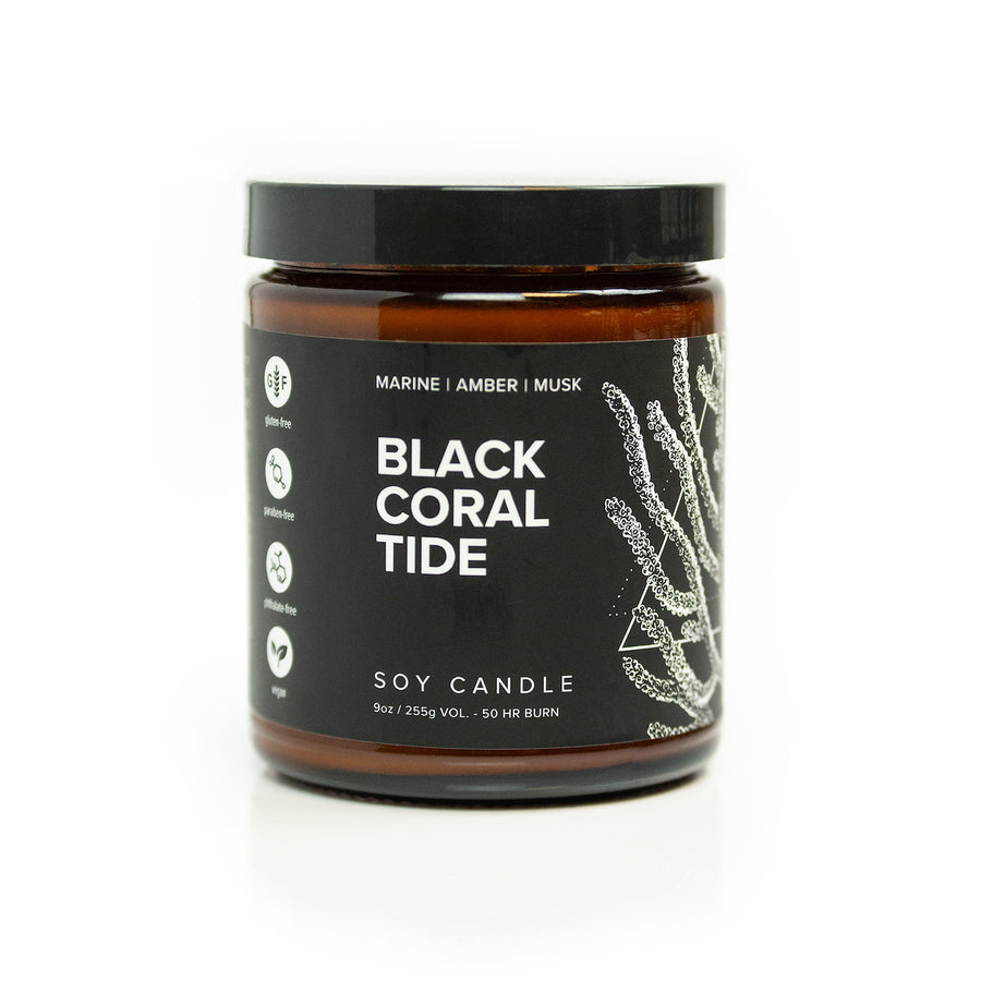 9oz Black Coral Tide Soy Candle on white background. 
