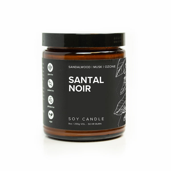 9oz Santal Noir Soy Candle on white background. 