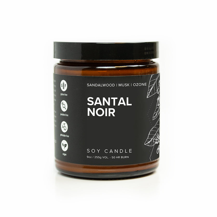 9oz Santal Noir Soy Candle on white background. 