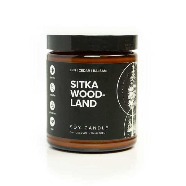 9oz Sitka Woodland Soy Candle on white background. 