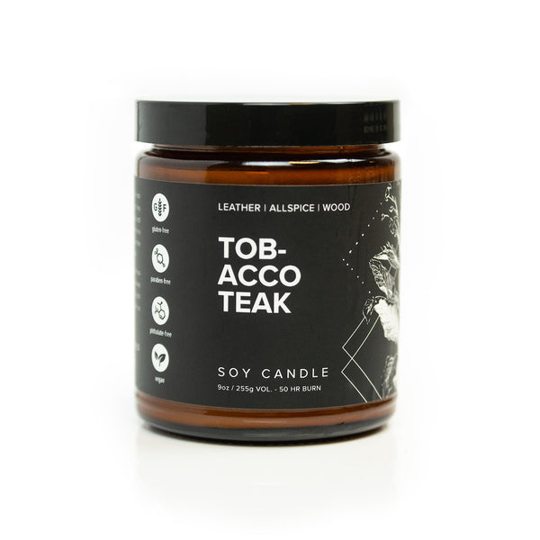 9oz Tobacco Teak Soy Candle on white background. 