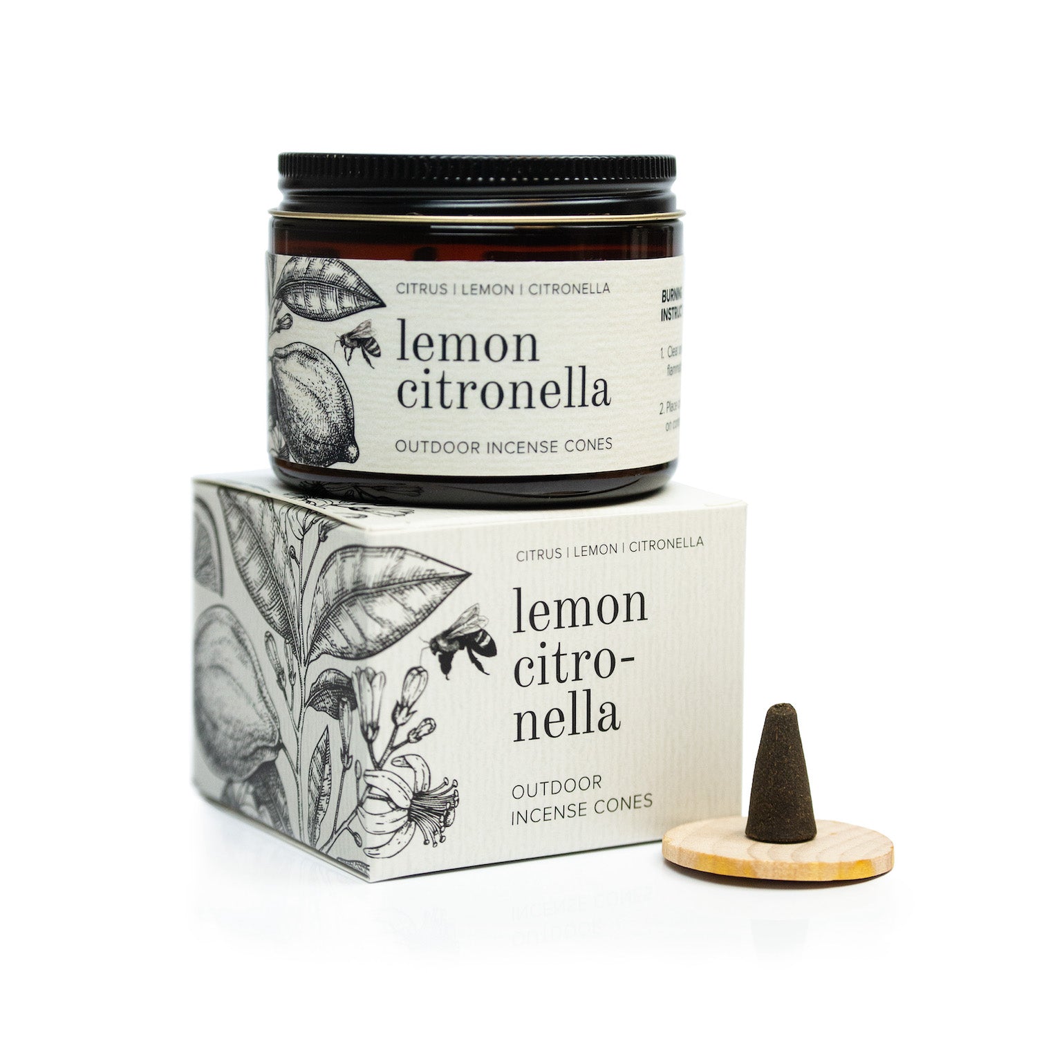 Lemon Citronella Outdoor Incense Cone Kit on white background. 