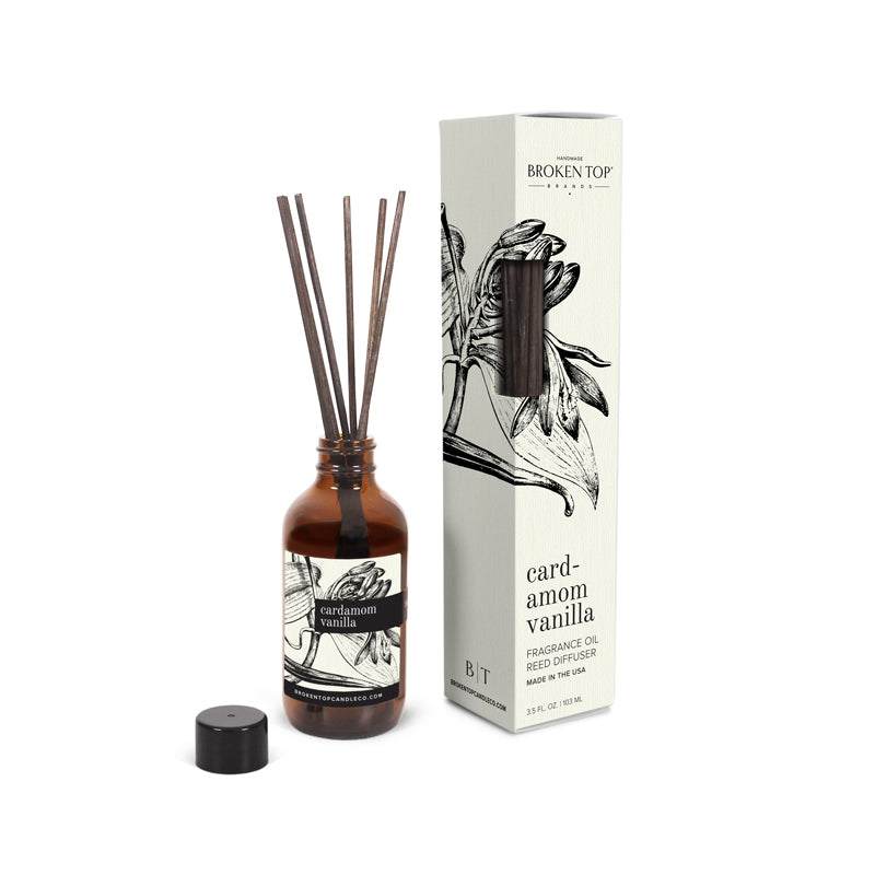 Cardamom Vanilla Reed Diffuser on white background. 
