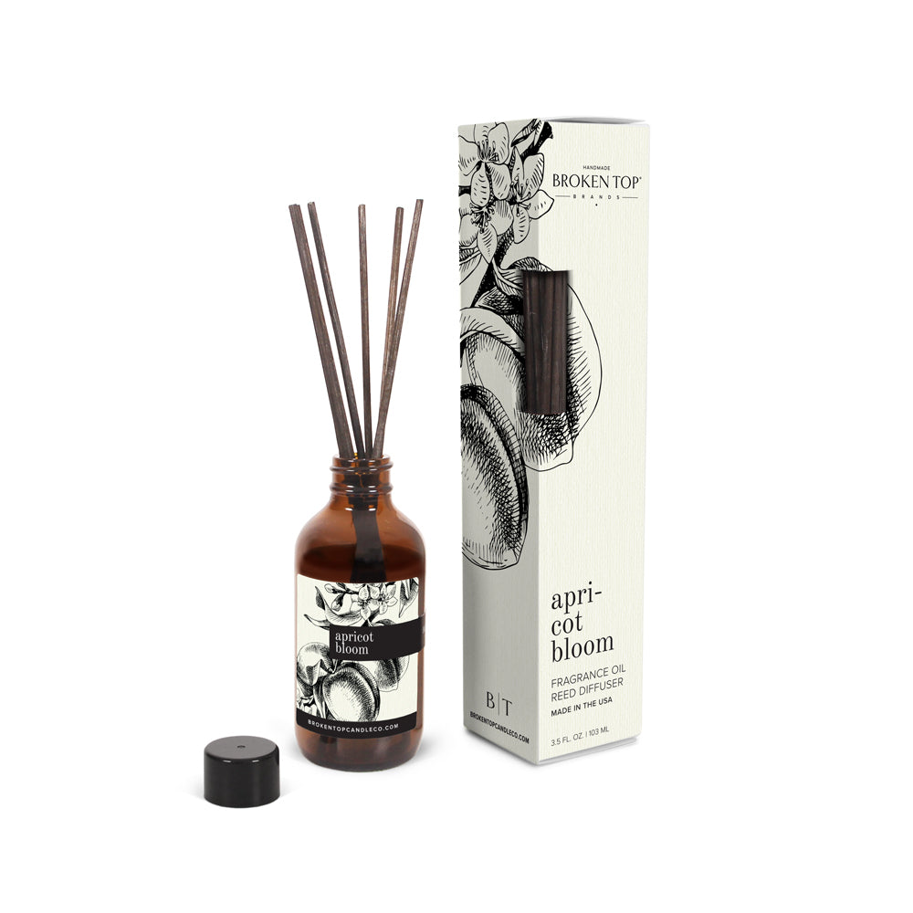 Apricot Bloom Reed Diffuser on white background. 