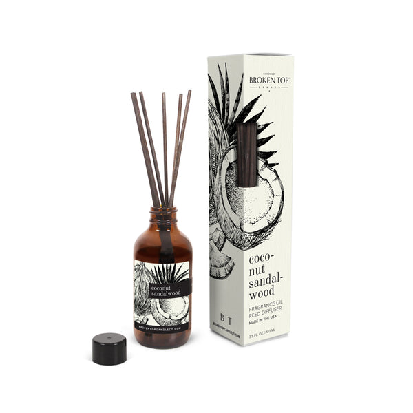 Coconut Sandalwood Reed Diffuser on white background. 