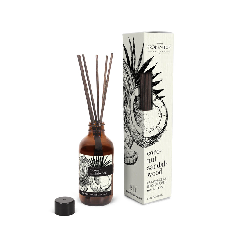 Coconut Sandalwood Reed Diffuser on white background. 